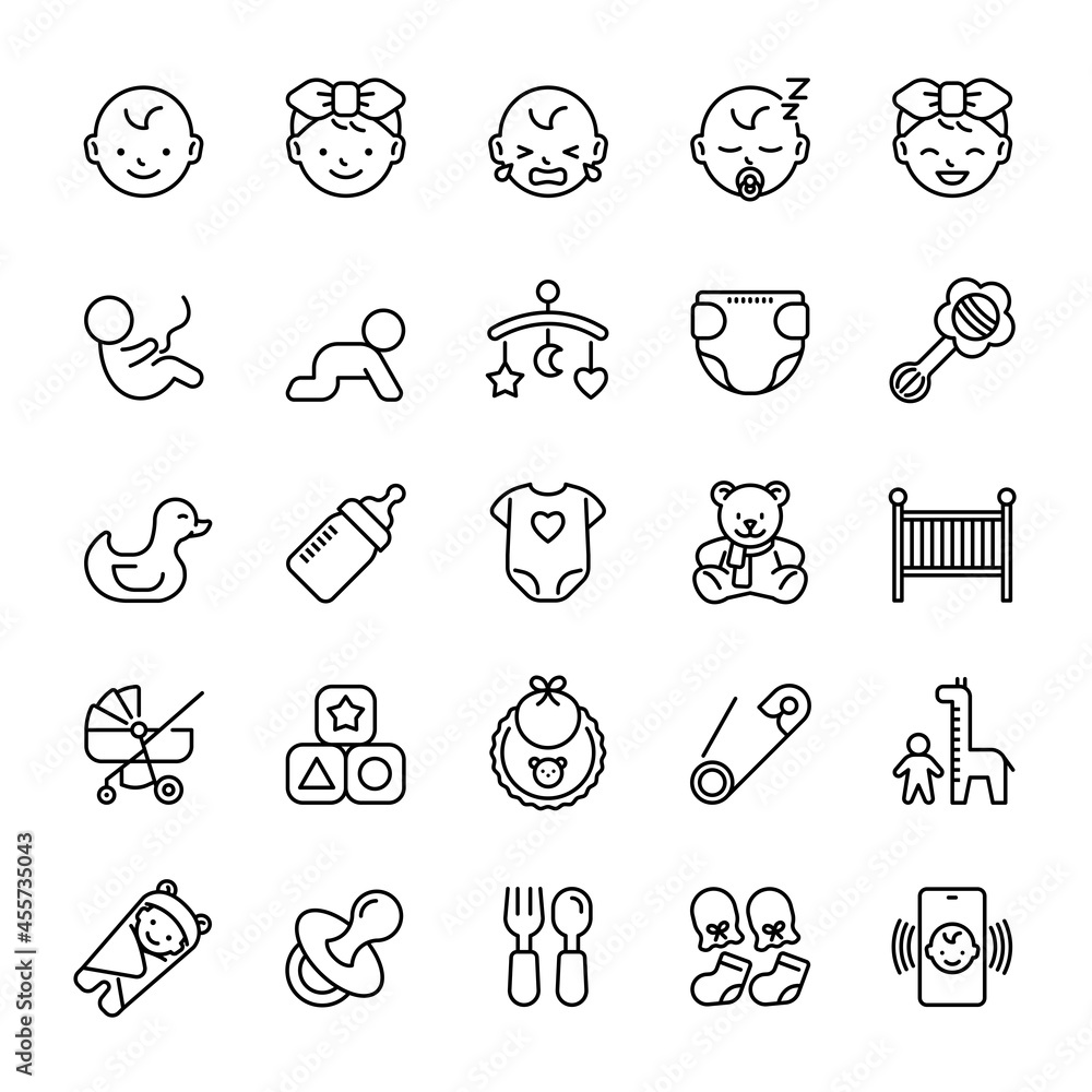Baby, newborn, baby equipment, icon set, vector illustration. Stock