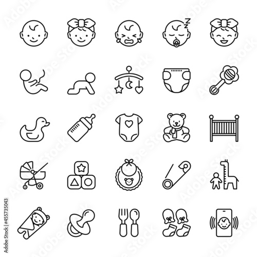 Baby, newborn, baby equipment, icon set, vector illustration.
