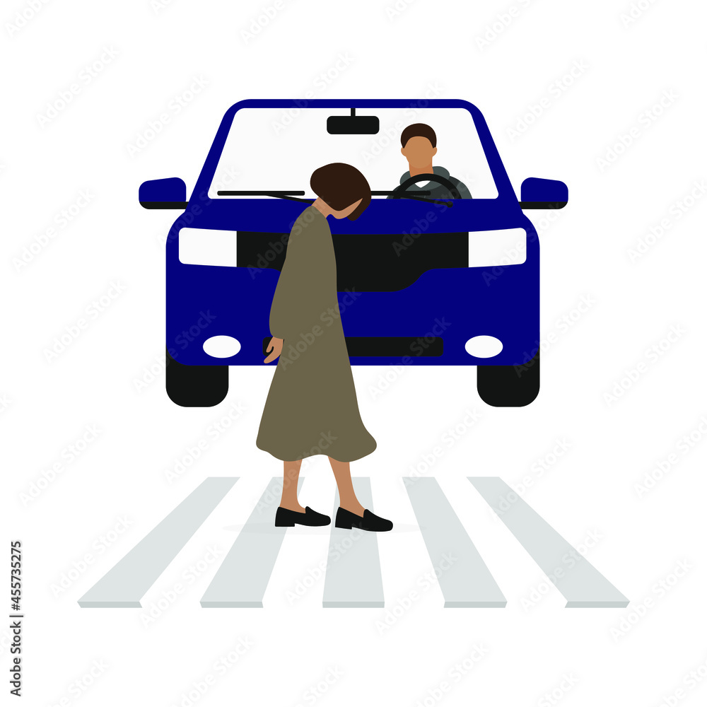Female character with bowed head walking along a pedestrian crossing in front of a car with a driver Female character with bowed head walking along a pedestrian crossing in front of a car with a driver