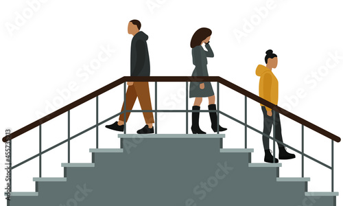 Male character and two female characters going down the stairs on a white background
