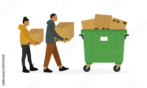 Male character and female character with cardboard boxes in hands go to full garbage container isolated on white background