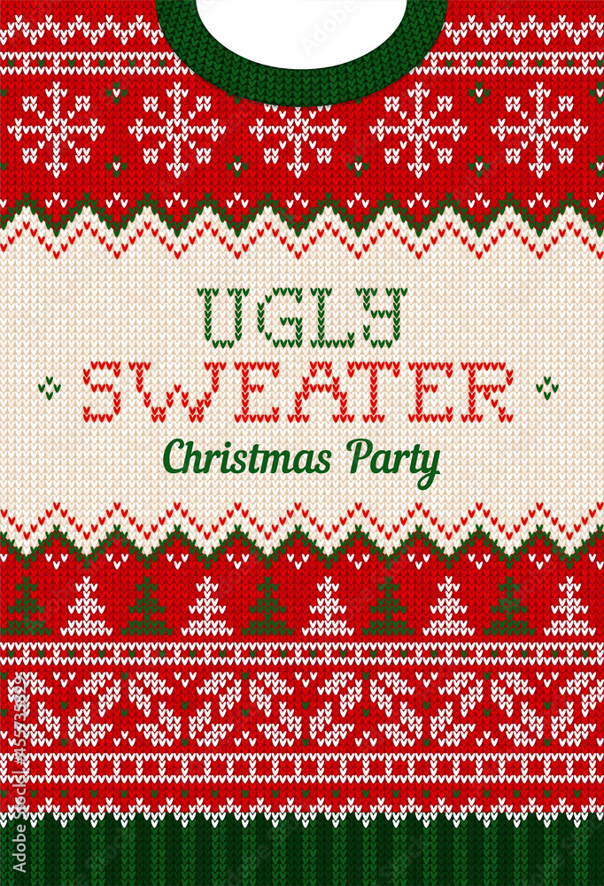 Ugly sweater Christmas party invite. Knitted background pattern scandinavian knitting ornaments. Ugly sweater Christmas party invite. Knitted background pattern scandinavian knitting ornaments.