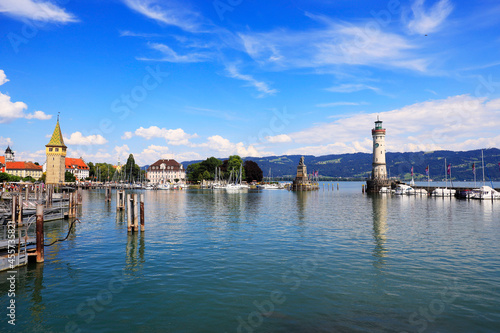The picturesque harbour of the town Lindau at the Lake Constance, Bodensee, Bavaria in Germany, Europe