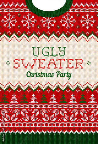 Ugly sweater Christmas party invite. Knitted background pattern scandinavian knitting ornaments.