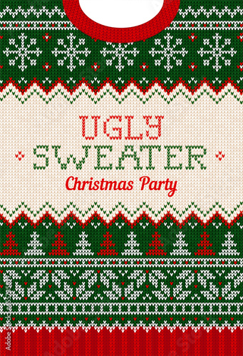 Ugly sweater Christmas party invite. Knitted background pattern scandinavian knitting ornaments.