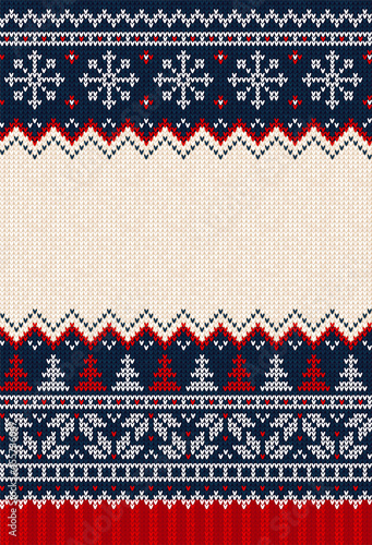 Ugly sweater Christmas party invite. Knitted background pattern scandinavian knitting ornaments.