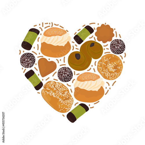 Traditional swedish sweets in heart shape. Vector illustration in cartoon style. Fika time concept.