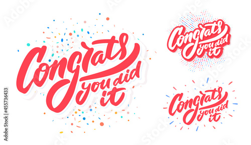 Congrats, you did It. Vector handwritten lettering. Greeting banners set.