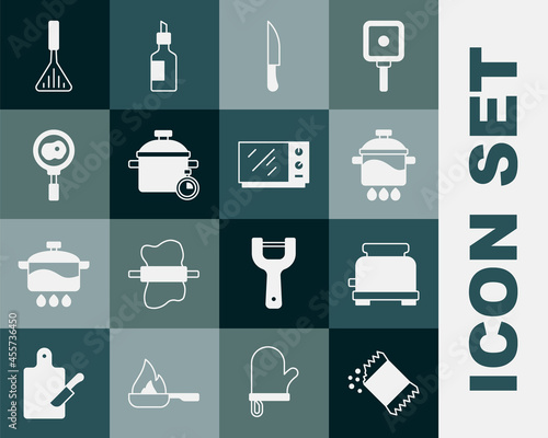 Set Packet of pepper, Toaster, Cooking pot, Knife, Fried eggs on frying pan, Barbecue spatula and Microwave oven icon. Vector