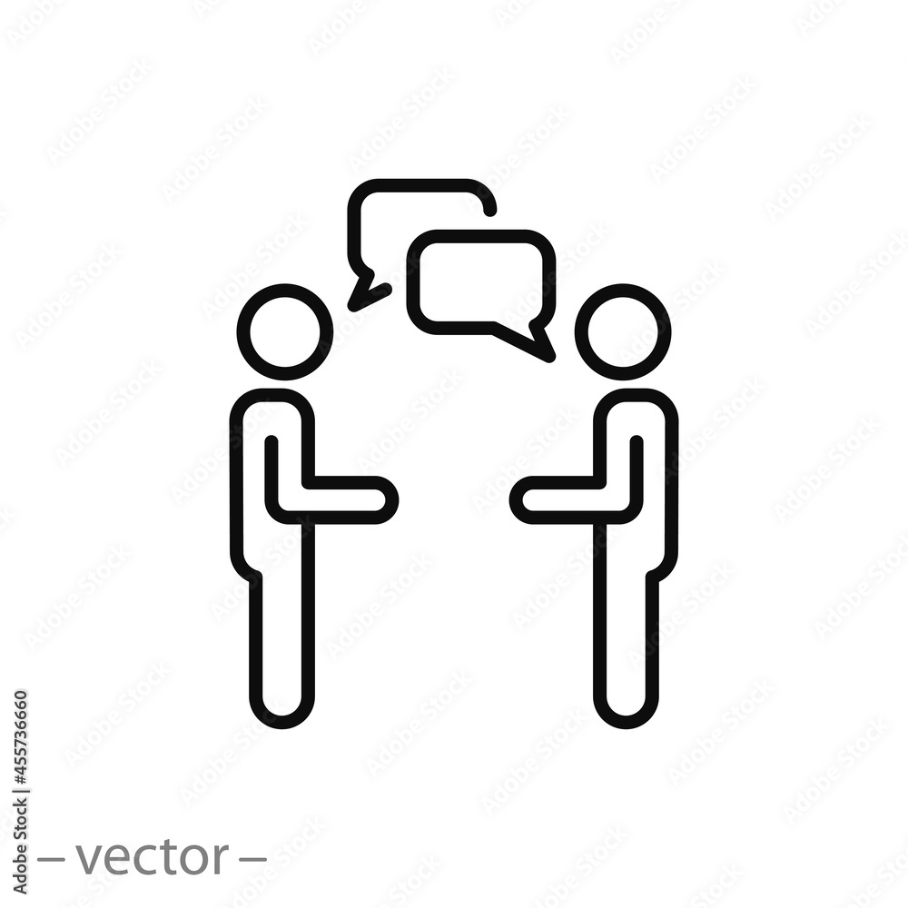 two people talk icon, person group dialog, bubble speech and couple man, thin line symbol on white background - editable stroke vector illustration two people talk icon, person group dialog, bubble speech and couple man, thin line symbol on white background - editable stroke vector illustration