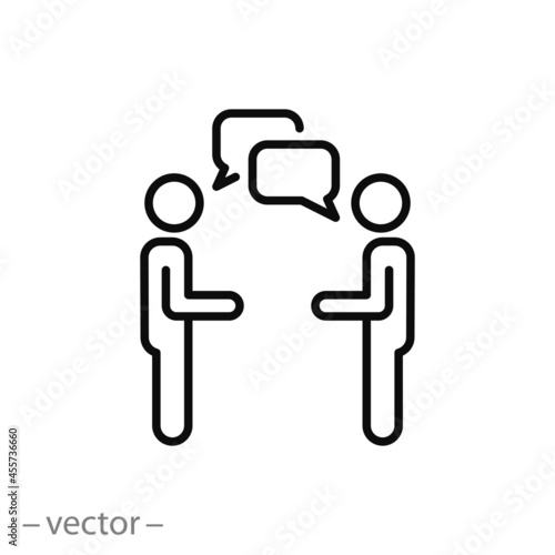 two people talk icon, person group dialog, bubble speech and couple man, thin line symbol on white background - editable stroke vector illustration