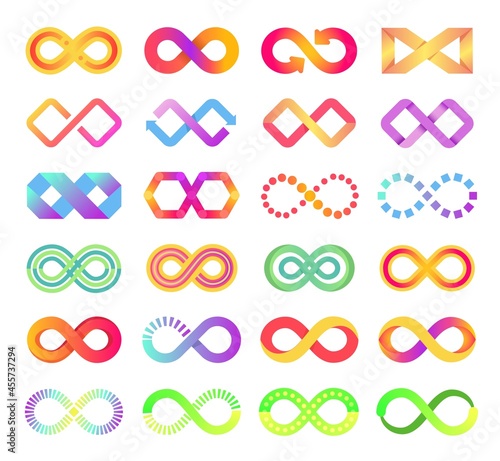 Color infinity icon, infinite loop symbol logo. Colorful endless arrow chains sign, abstract eternity logo, endless cycle icons vector set. Futuristic limitless business emblem or logotype