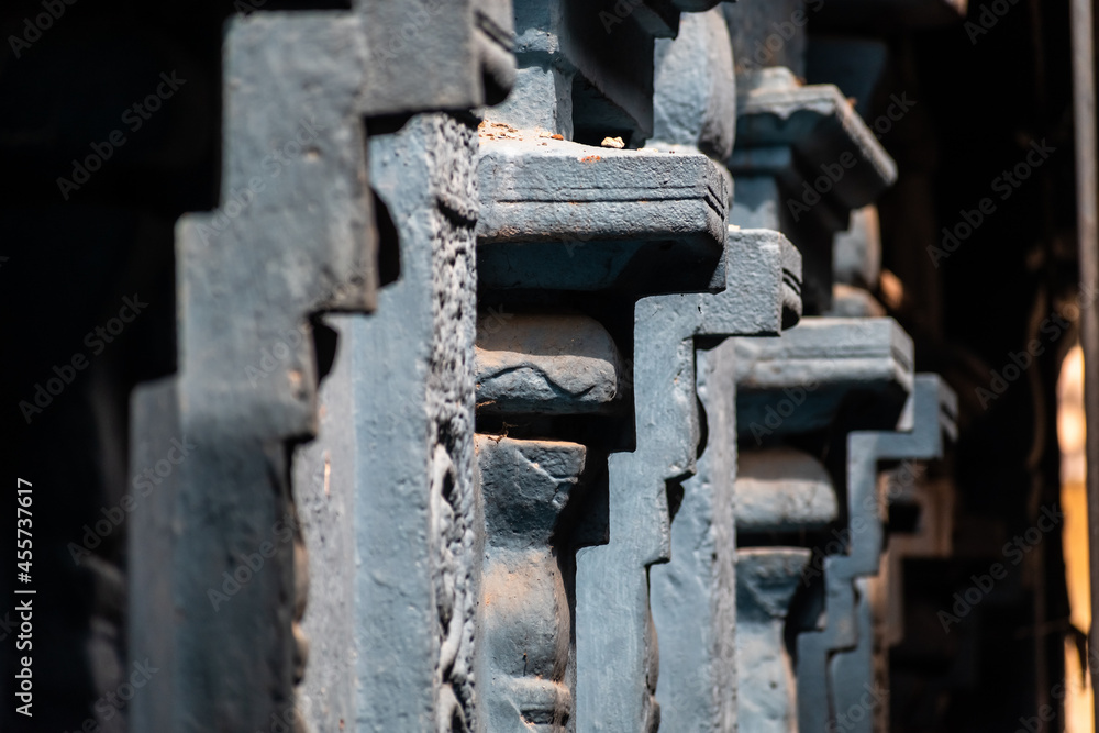 Close up detail of the pillars and columns of the ancient Sattainathar temple in Sirkazhi.