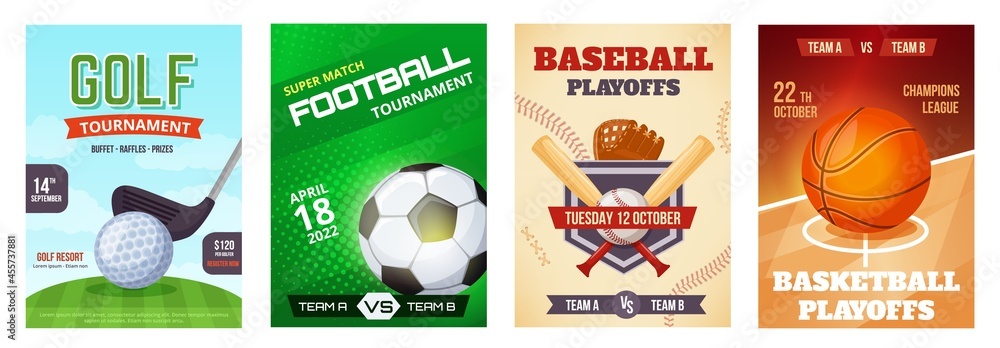 Sports game tournament poster, basketball playoff announcement flyer. Golf, football, baseball sport advertising posters vector template set. Championship advertisement banners or brochures