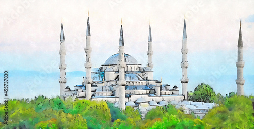 Photography Sultan Ahmed Mosque, also known as the Blue Mosque, is an Ottoman-era historical imperial mosque located in Istanbul, Turkey, watercolor sketch illustration