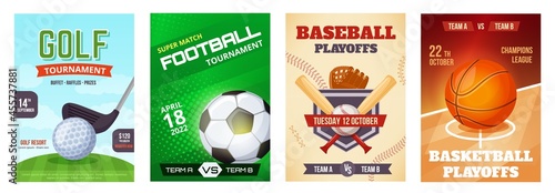 Sports game tournament poster, basketball playoff announcement flyer. Golf, football, baseball sport advertising posters vector template set. Championship advertisement banners or brochures
