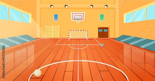 Cartoon school basketball gym, indoor sports court. Empty university gymnasium with basketball hoop and sport equipment vector illustration. College gymnasium hall for fitness with benches
