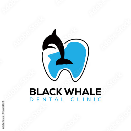 black whale dental clinic  jump whale with moving line thooth on water vector