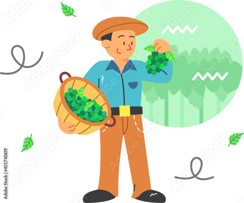 Farmer Harvesting Grape Flat Illustration for Autumn Theme