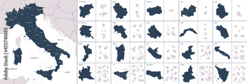 Vector color detailed map of Italy with administrative divisions of the country, each region is presented separately in-highly detailed and divided into provinces photo