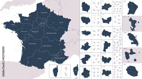 Vector color detailed map of metropolis and overseas territories of France with administrative divisions of the country, each region is presented separately in-highly detailed and divided into depart