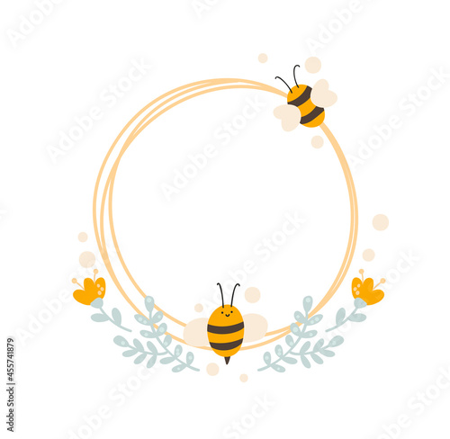 Cute kids Round frame with bee and bouquet of flowers wreath. Baby scandinavian style vector circle illustration with place for text