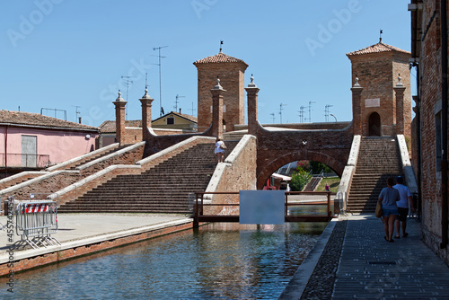 Famous Tre Ponti or Trepponti, three way bridge in Comacchio. Italy