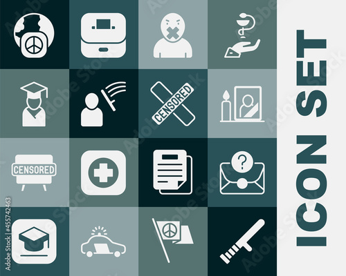 Set Police rubber baton, Envelope with question mark, Mourning photo frame, Censor and freedom of speech, beat human, Graduate graduation cap, International day peace and Censored stamp icon. Vector