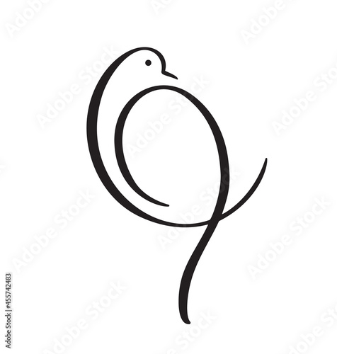 Hand Drawn dove bird calligraphy brush line. Flying pigeon logo. Black and white vector illustration. Concept for icon card, banner poster, flyer