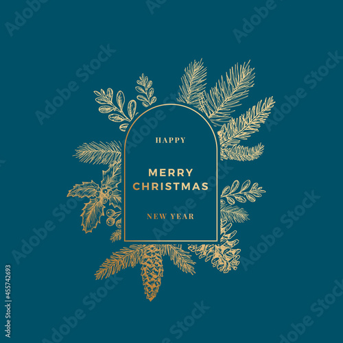 Merry Christmas Abstract Banner Card with Frame Label and Modern Typography. Hand Drawn Pine Branches, Mistletoe, Strobile and Holly Sketches. Premium Background and Golden Greeting Sketch Layout