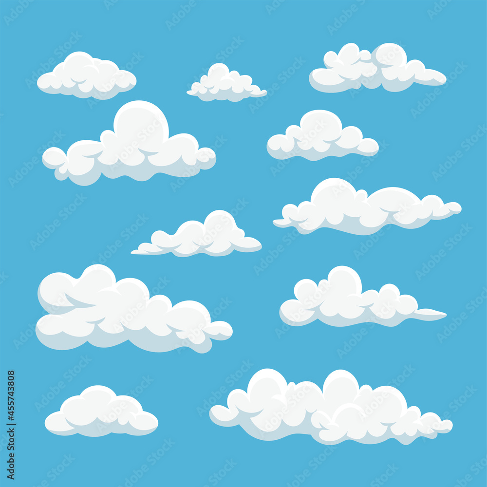 Cartoon white clouds icon set isolated on blue background premium Vector