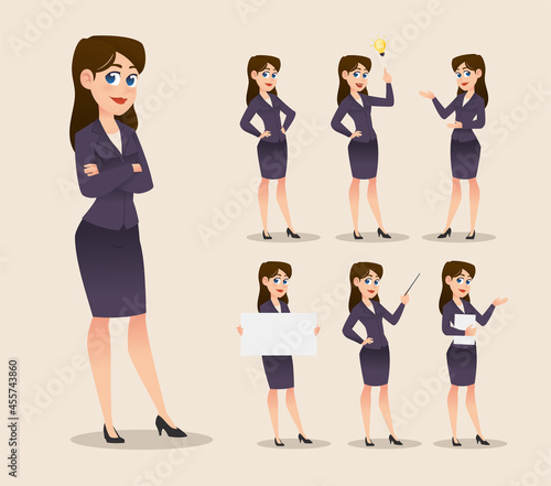 set of young business woman cartoon mascot character in black suit premium vector