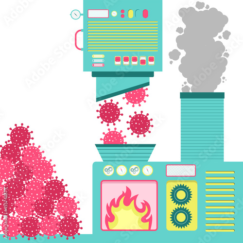 Virus incineration plant. Machinery with an oven incinerating virus. Pile of virus on the side. Smoke from the burning coming out of the chimney.