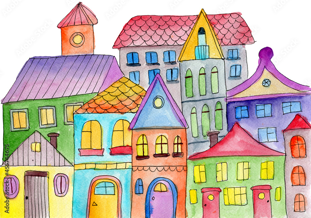 Watercolor cute houses izolated on white background. Hand painting fabulous city illustration.