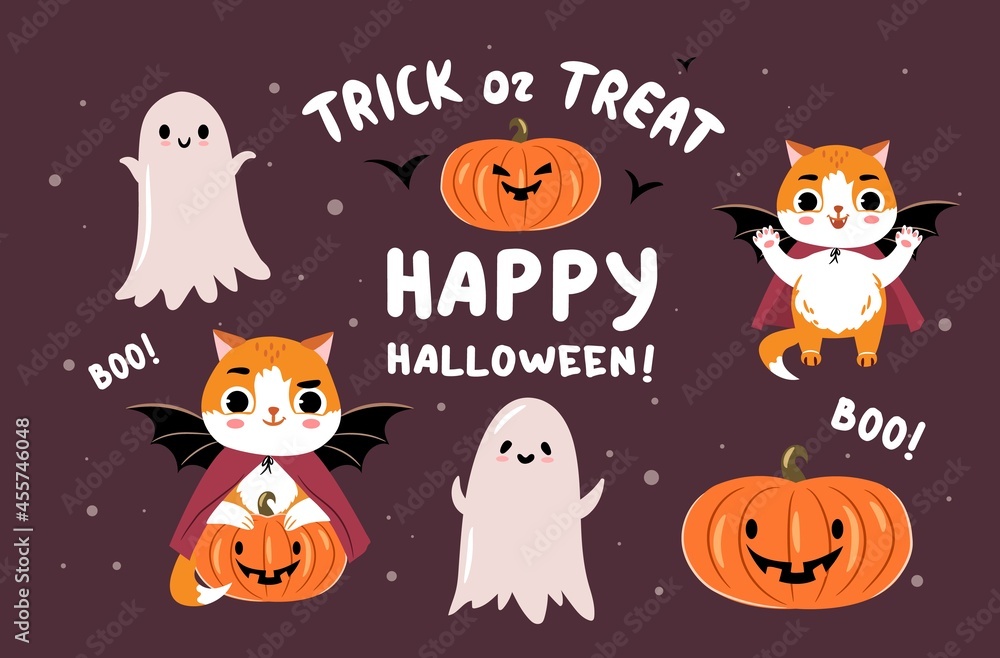 Cute vampire cat with ghosts and pumpkin. Happy halloween stickers set. Ginger cat and ghosts vector illustration collection Cute vampire cat with ghosts and pumpkin. Happy halloween stickers set. Ginger cat and ghosts vector illustration collection