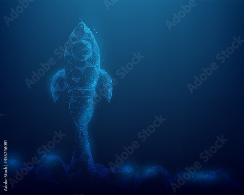 business startup low poly wireframe. rocket launch line and dot. isolated on blue dark background. vector illustration in fantastic technology.