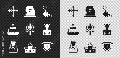 Set Christian cross, Grave with tombstone, Magic staff, Monk, Church building, Flag christian, Ark of noah and icon. Vector