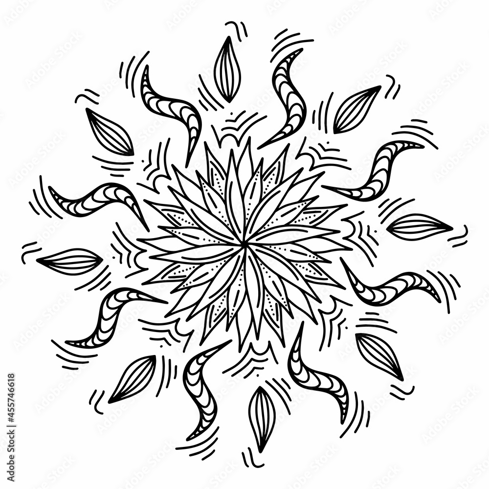 Floral vector mandala with flowers and leaves in doodle style isolated on white background. Funny coloring and cute illustration for seasonal design, textile, decoration kids playroom or greeting card Floral vector mandala with flowers and leaves in doodle style isolated on white background. Funny coloring and cute illustration for seasonal design, textile, decoration kids playroom or greeting card