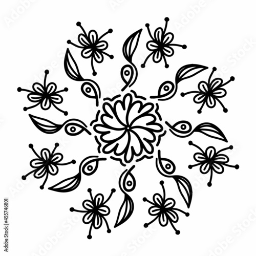 Floral vector mandala with flowers and leaves in doodle style isolated on white background. Cute flower coloring illustration for seasonal design, textile, decoration kids playroom or greeting card.