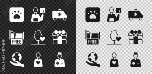 Set Paw print, Teacher, Emergency car, Hand holding Earth globe, Volunteer, Male doctor, Free overnight stay house and team planting trees icon. Vector