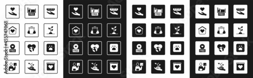 Set Donation food, Trash can, Shelter for homeless, Heart in hand, Volunteer team planting trees, Free overnight stay house, Paw print and Location with heart icon. Vector