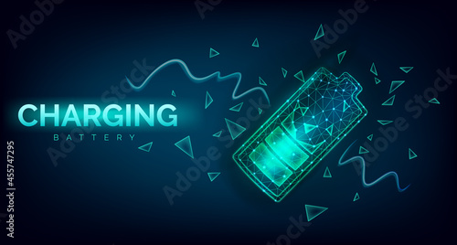 Abstract low poly battery charge from electric discharge or lightning, high voltage, long battery charge and energy, vector illustration