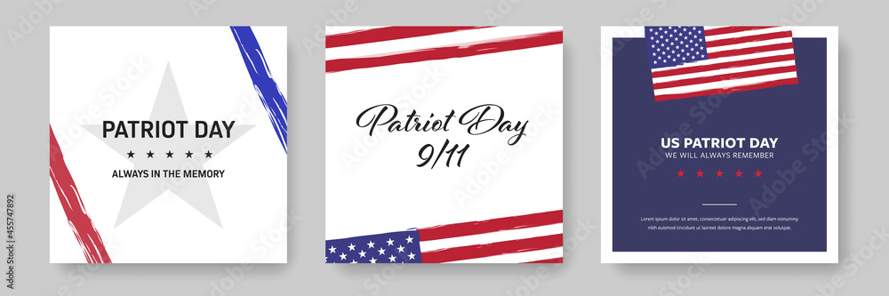 Social media post set with US flag, patriot day remembrance, instagram and facebook, patriotism template, remember 11th of september, new york attack, honour day - obrazy, fototapety, plakaty 