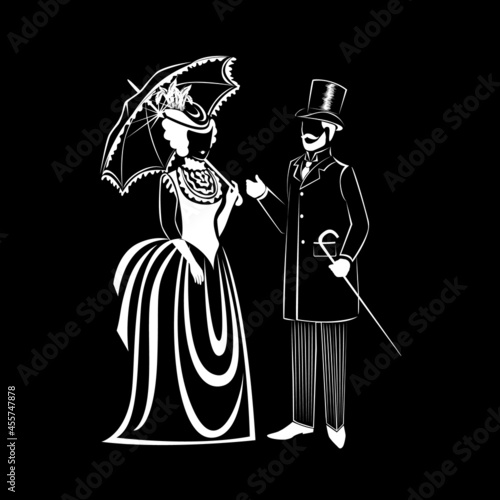 Beautiful couple in retro clothes of the 19th century. Vector silhouette of a man and a woman in vintage style drawn by lines for decorating flyers, postcards or labels