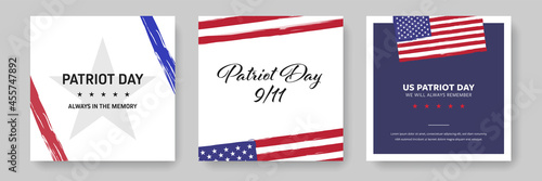 Social media post set with US flag, patriot day remembrance, instagram and facebook, patriotism template, remember 11th of september, new york attack, honour day