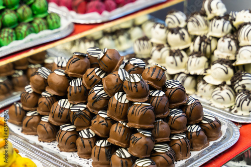 chocolate marzipan pastry counter  christmas dessert selective focus