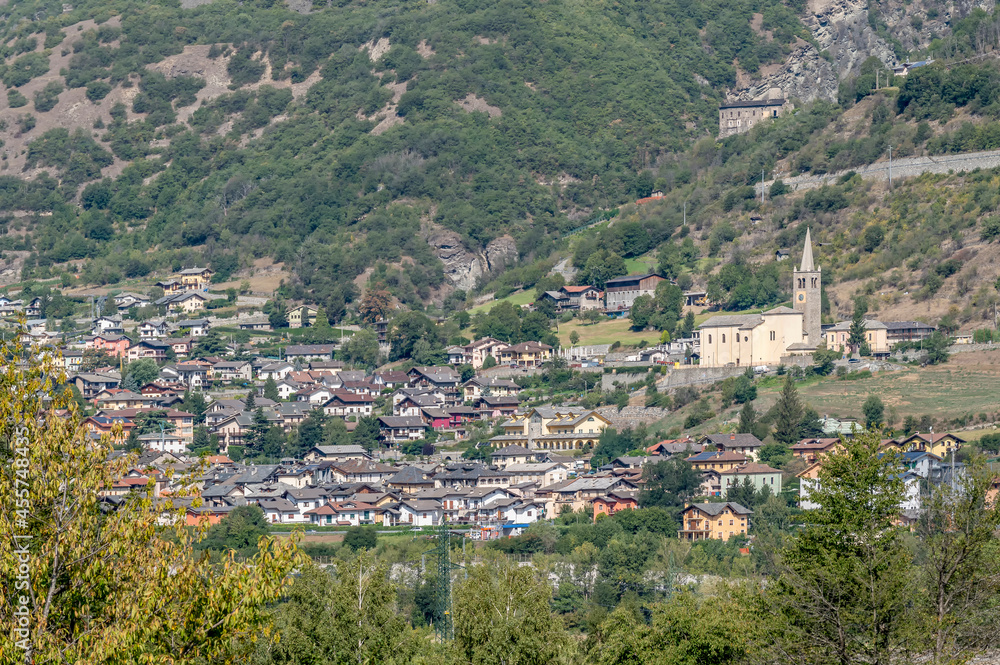 Panoramic view of the village of Nus, Aosta Valley, Italy, seen from Fénis