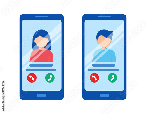 Vector mobile phone calling. Cell phone call button and avatar on the screen