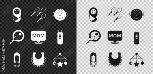 Set Newborn baby infant swaddled, Sperm, Little boy head, Baby clothes pin, bib, crib hanging toys, and Speech bubble mom icon. Vector