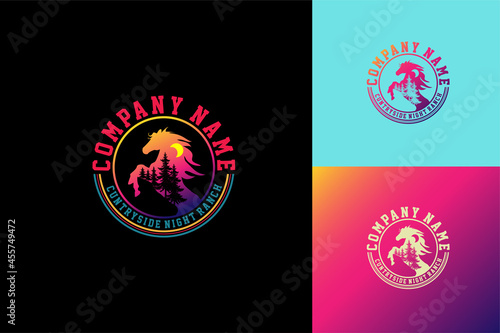 horse silhouette with pine logo emblem for farm and ranch company, vector icon logo design element